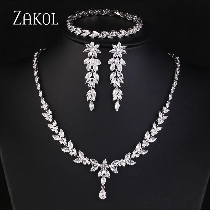 ZAKOL Luxury Brilliant Zirconia Leaf Necklace Earrings Rings Bracelets Set for Women CZ Drop Bridal Wedding Jewelry Sets New