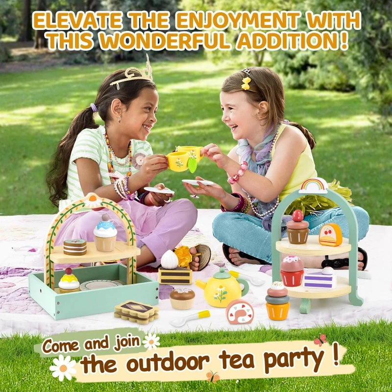 Girls Toys Wooden Afternoon Tea Set Children's Toy Kitchen  Pretend Play Set Toaster Coffee Maker Ice Cream Kids Educational Toy