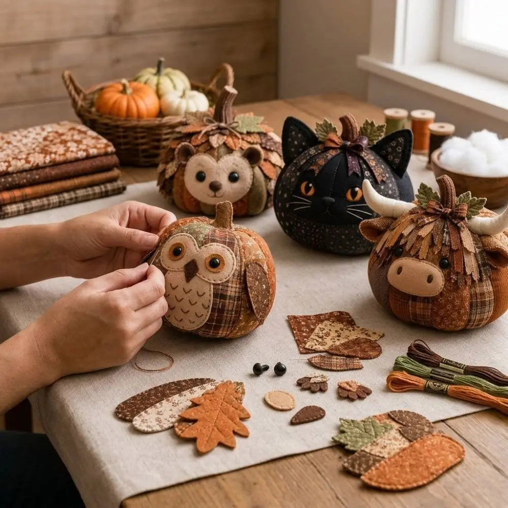 Vintage Style Whimsical Patchwork Pumpkin Fabric Kit Owl Bear Floral Fabric Halloween DIY Sewing Kit Stress Craft Cow Cat