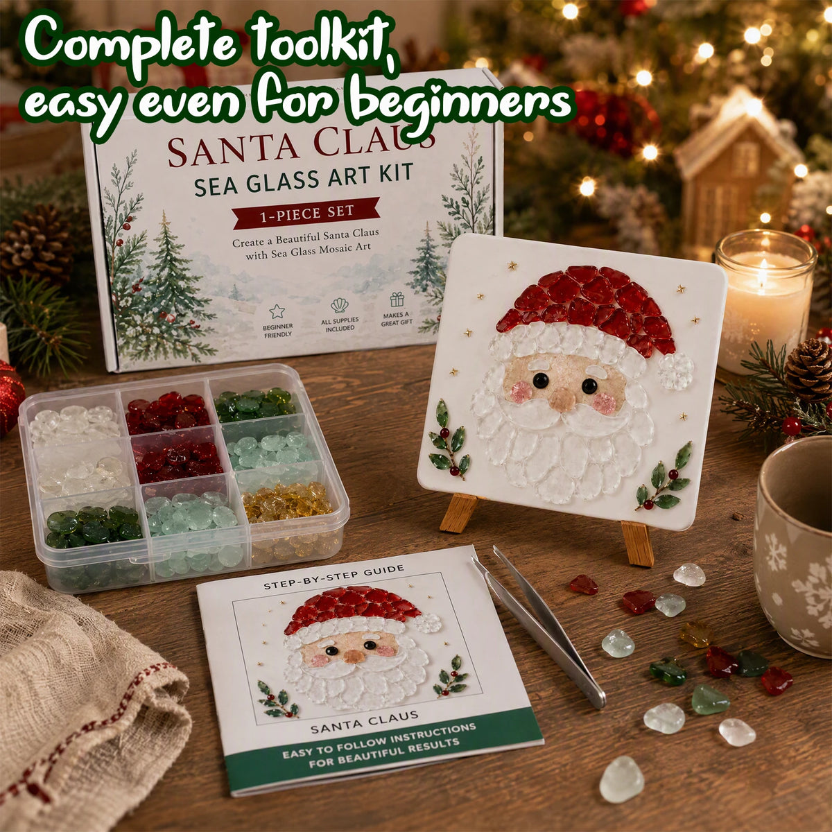 Holiday Mosaic Decoration DIY Kit Christmas Reindeer Sea Glass Art Craft Set with Tweezers Stand Complete Tools
