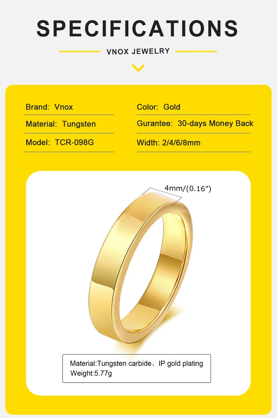 Vnox 2/4/6/8mm Tungten Ring for Men Women, Baisc Simple Gold Color Wedding Band, Anti Scratch Minimalist Ring