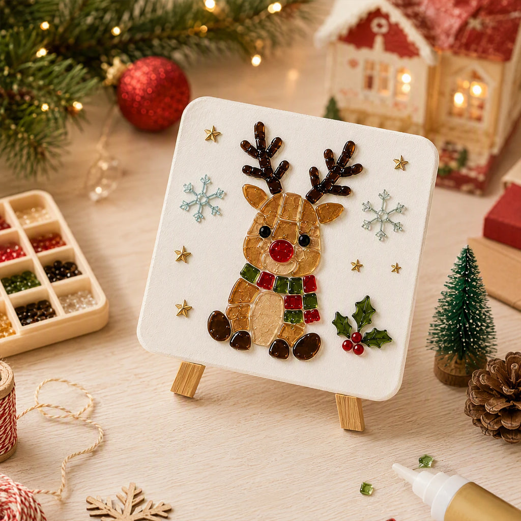 Holiday Mosaic Decoration DIY Kit Christmas Reindeer Sea Glass Art Craft Set with Tweezers Stand Complete Tools