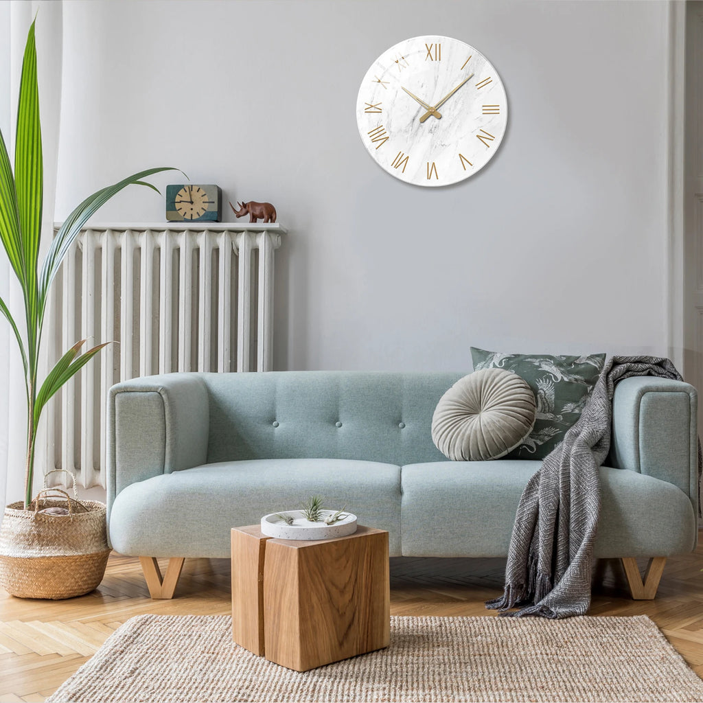 1pc 12 inch tempered glass wall clock, modern simple white marble texture gold Roman numerals design wall clock, home mute clock