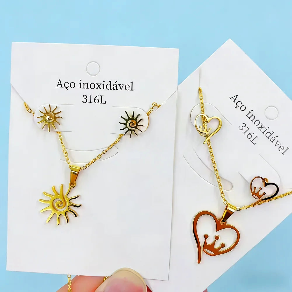 6/8/10/12/24Sets Fashion Flowers Heart Stainless Steel Earrings Necklace Set For Women Mix Style Trendy Jewelry Party Gifts