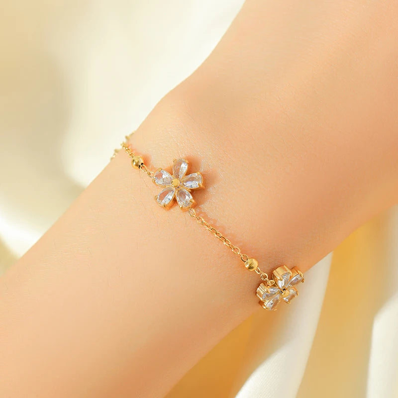 GANEMLY Stainless Steel  Sparkling White Zircon Flower Necklace Bracelet Earrings Set For Women Trendy Waterproof Jewelry Gift