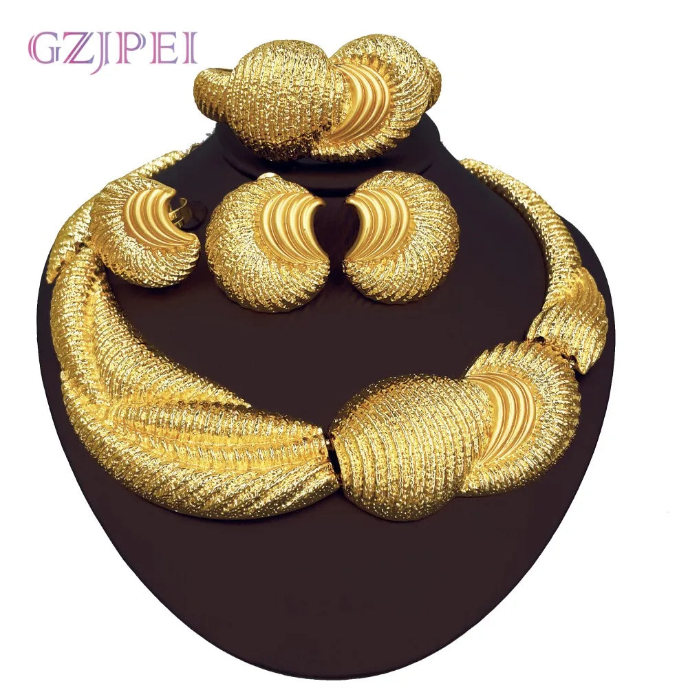 Luxury 18K Gold Plated Big Jewelry Set Large Necklace Chunky Bangle Bracelet Moon Shape Piercing Earring Ring Women Wedding Gift