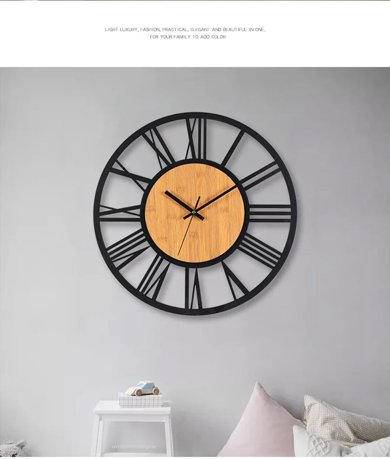 3D Large Wall Clocks Nordic Roman Numerals Retro Round Wood Metal Iron Accurate Silent Hanging Ornament Living Room Decoration