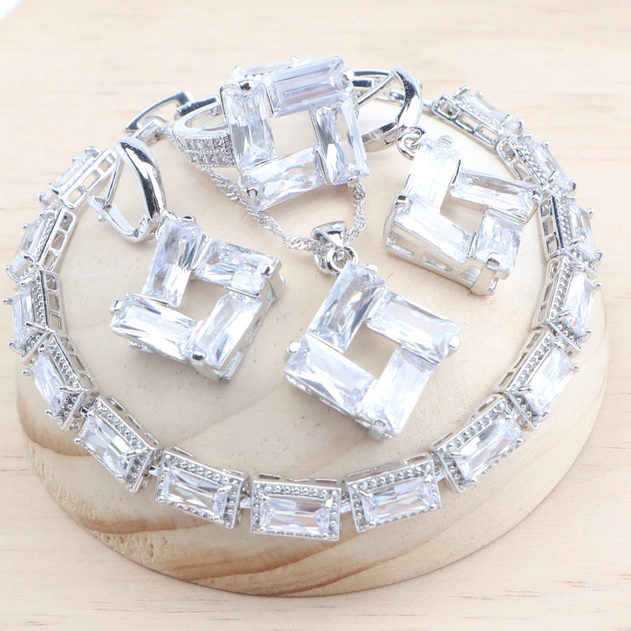 Wedding 925 Silver Jewelry Sets Bridal Black White Zircon Earrings Rings Pendant Necklace Stone Bracelets Set For Women