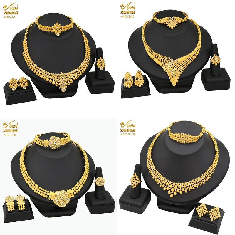 ANIID African Jewelry Set Big Necklace Dubai Ethiopian Gold Color Jewelery Earring Bracelet For Women Bridal Choker Wholesale