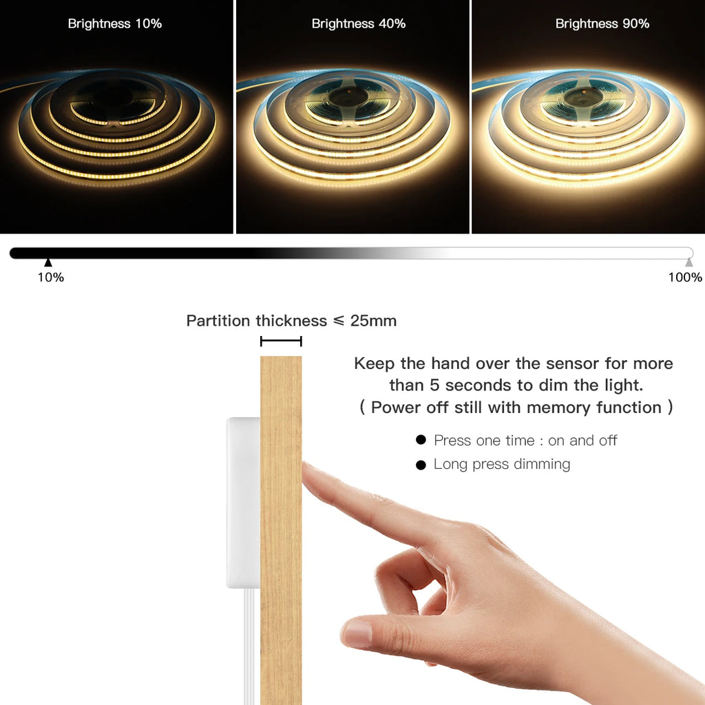 Touch Dimmer and Hand Sweep Induction Switch Flexible COB LED Strip Light 12V 320 LEDs/M LED Light Tape Bedroom Kitchen Lighting