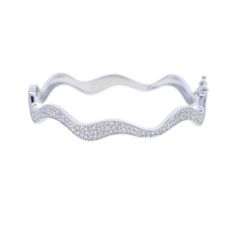 Micro Paved 5A Cubic Zirconia CZ Wide Wave Band Fashion Women Jewelry Sparking Hoop Earring Ring Bangle Necklace Set