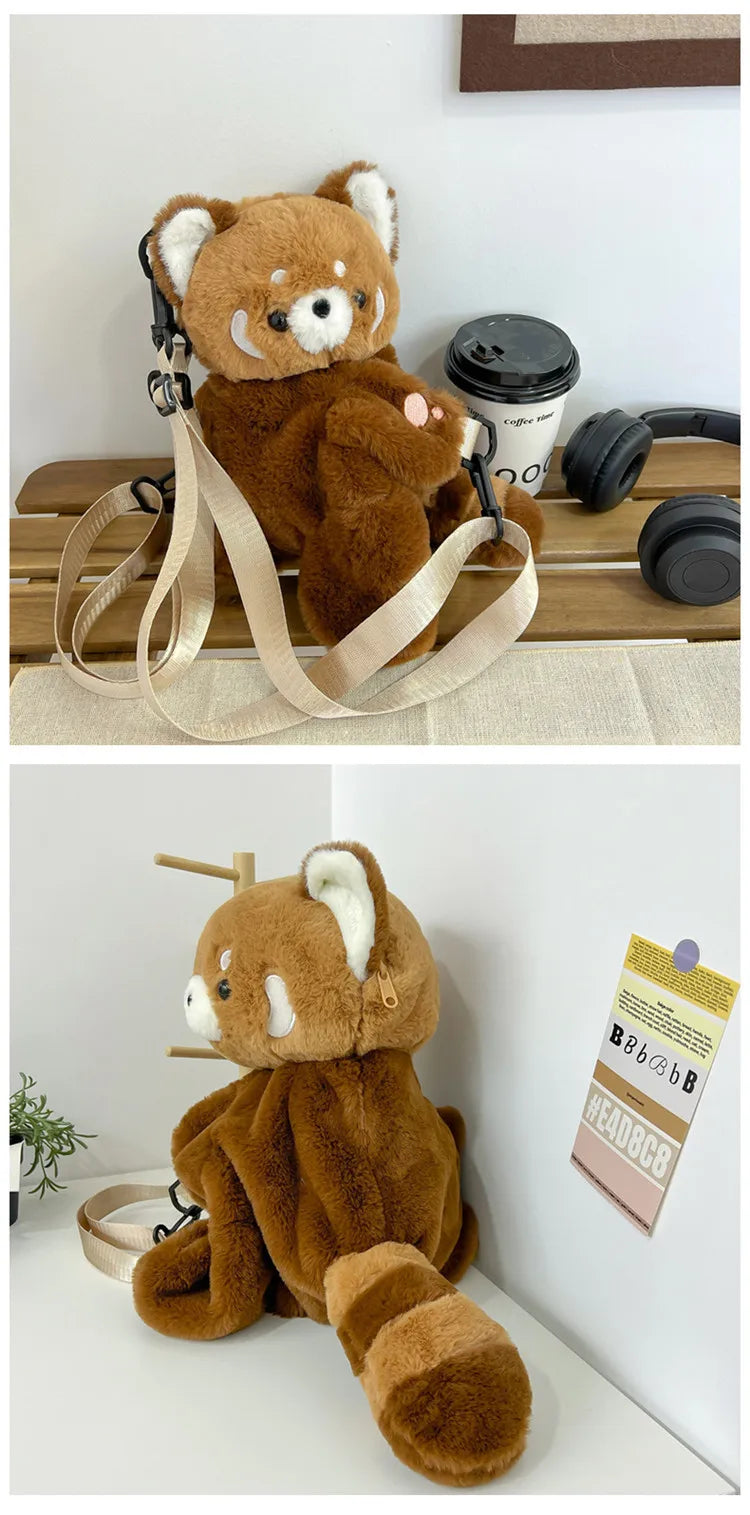 Red Panda Plush Backpack Cute Plushie Doll Women Crossbody Fur Soft Shoulder Bag for Camping Travel Party Female Birthday Gift