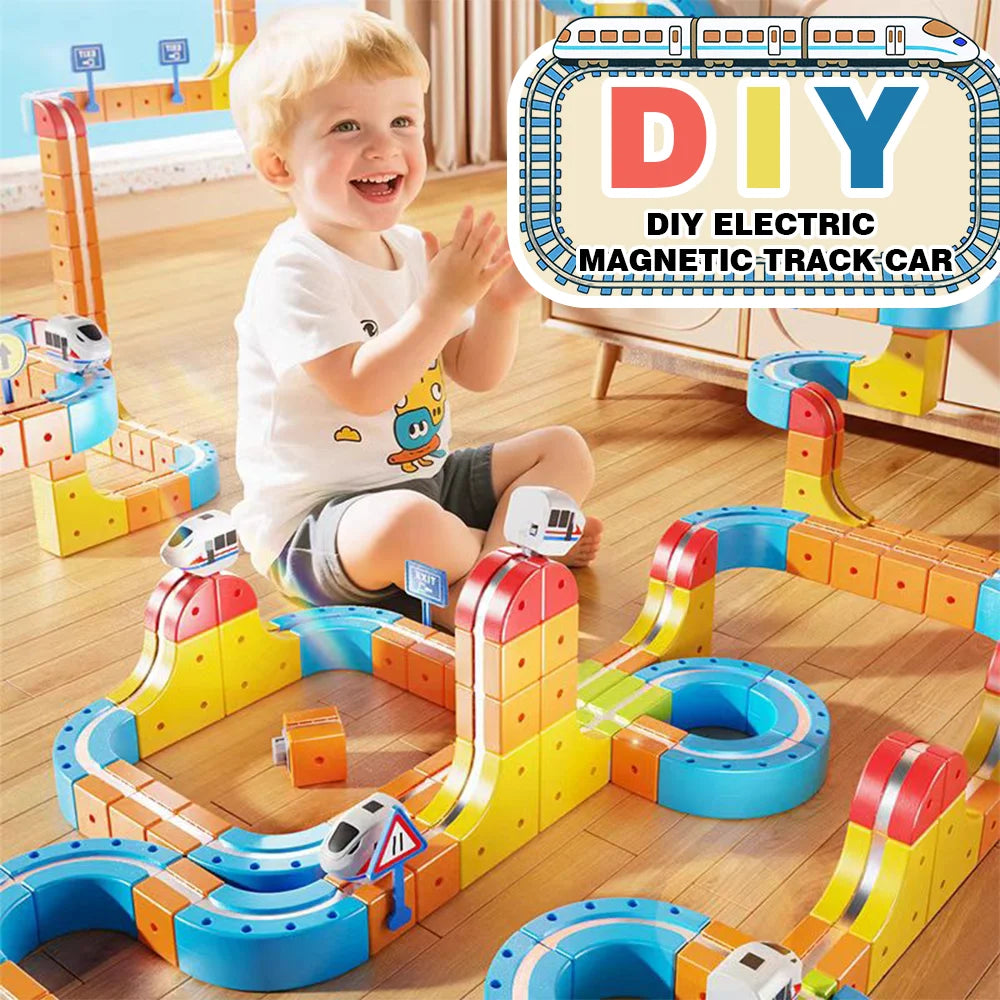 DIY Magnetic Rail Car Set for Kids - Educational Building Blocks Toy with Flexible Track Assembly Race Car Playset