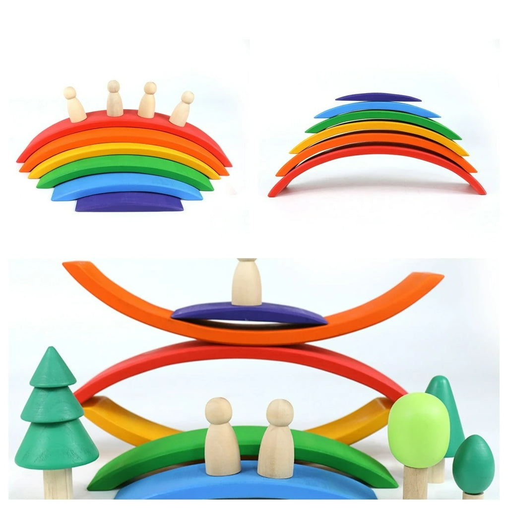 Wooden Rainbow Block Colorful Stacking Building Block Children Open-shaped Creative Building Blocks Montessori Educational Toy
