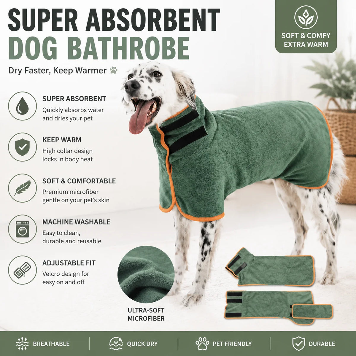Fast Drying Dog Bathrobe, Microfiber Absorbent Soft Pet Bath Towel Grooming Coat for All Sizes