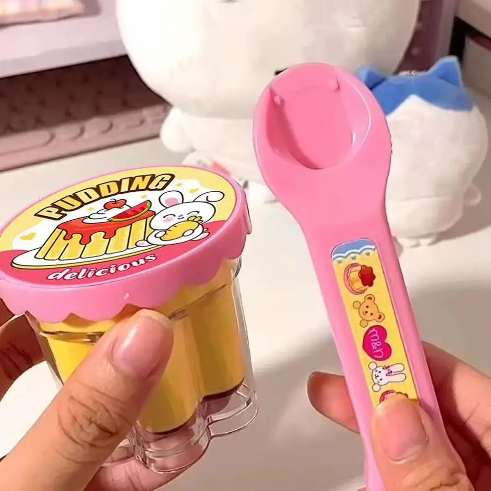 Pretend Play Pudding Feeding Toy Set with Magic Spoon Simulation Food Kitchen Toys for Kids Interactive Role Play Gift for Girls