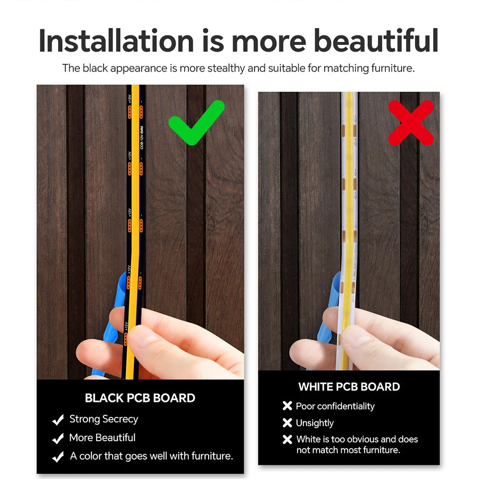 Touch Dimmable Black PCB LED Strip Light COB Tape For Walnut Acoustic Wooden Slat Grille TV Background Wall Panel&Cabinet Decor