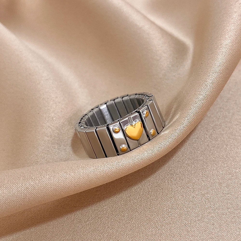 Greatera Elastic Force Stainless Steel Women's Ring Heart Pattern Fashion Colorfast Wide Design Valentine's Day Gift Jewelry