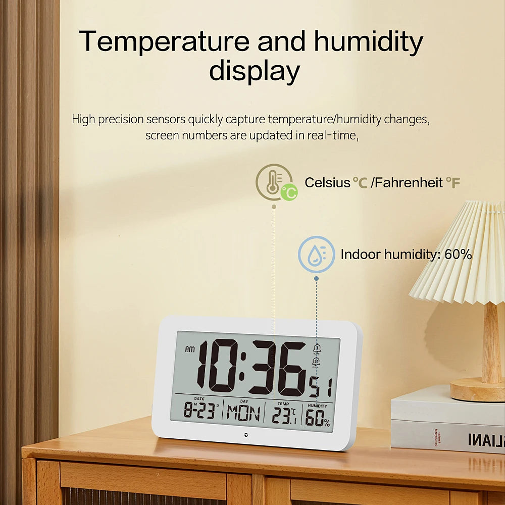 Large Digital Wall Clock with Temperature Humidity Calendar 8.5"Desk LCD Alarm Clock Backlight for Bedroom Office Living Room