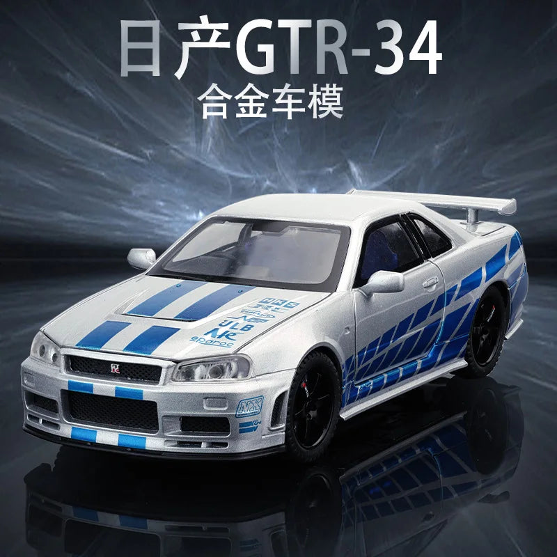 1:32 Scale GTR R34 R35 Diecast Model Alloy Toy Sport Cars Sound Light Pull Back high simulation Kid Birthday Gift Collect