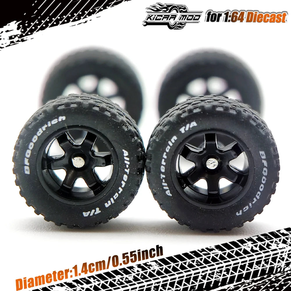 1/64 14mm Rubber Tires Tyre Band Letter & Diecast Car Wheels for 1:64 Off-Road Dedicated to Pickup Trucks, Large Sedan (1 Set)