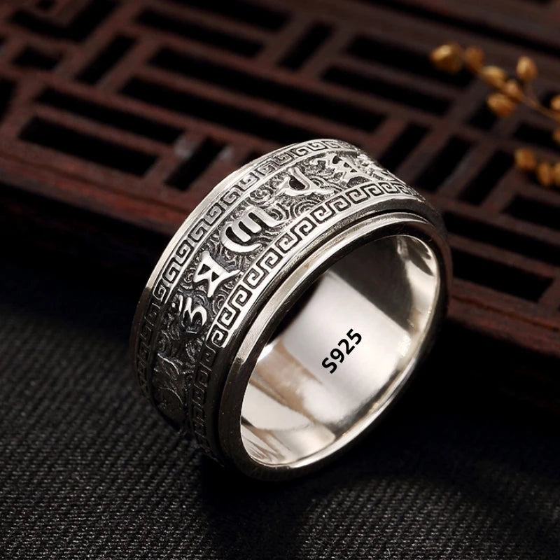 Factory Price S925 Sterling Silver Craft Mens Rings Rotable Stereoscopic Vintage Glossy Six-character Mantra Jewelry Gift