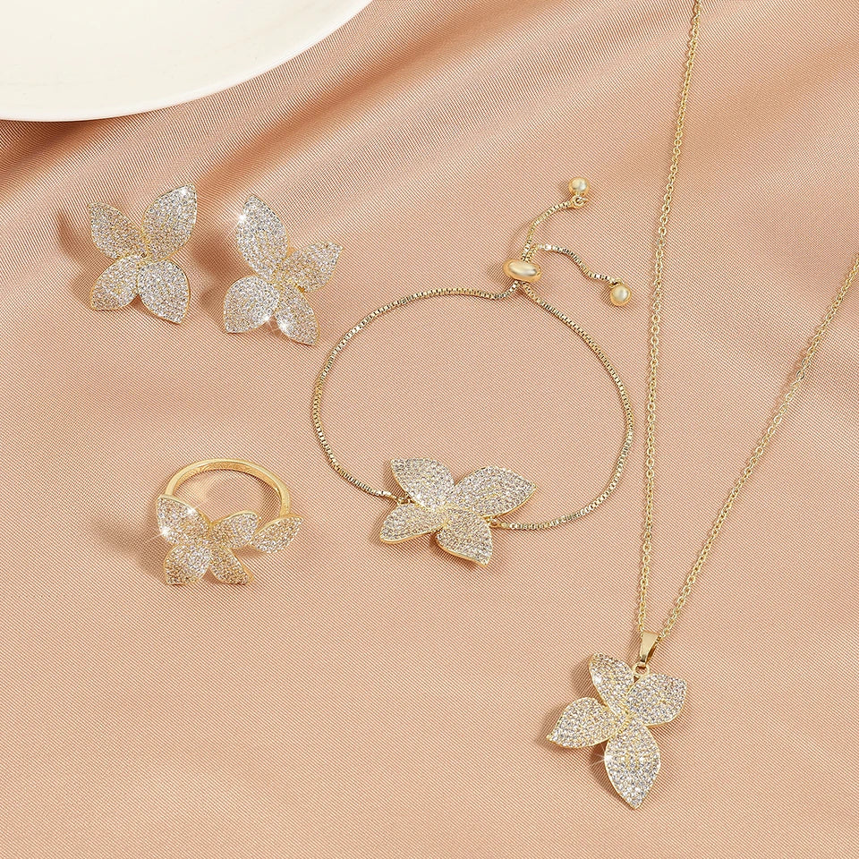 ZAKOL Luxury Micro Pave Setting Cubic Zirconia Leaf Earrings Ring Bracelet Necklace Gorgeous Dubai Jewelry Set For Dinner Party