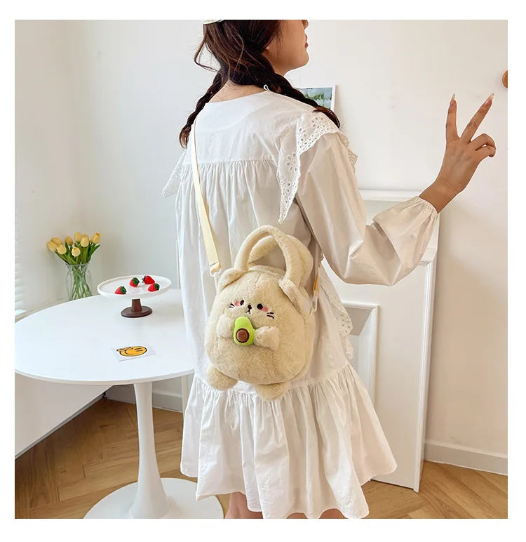 New Rabbit Kitten Plush Toy Backpack Stuffed Animal Rabbit Hold Peach Cat Hold Avocado Portable Shoulder Bag Girl Birthday Gifts