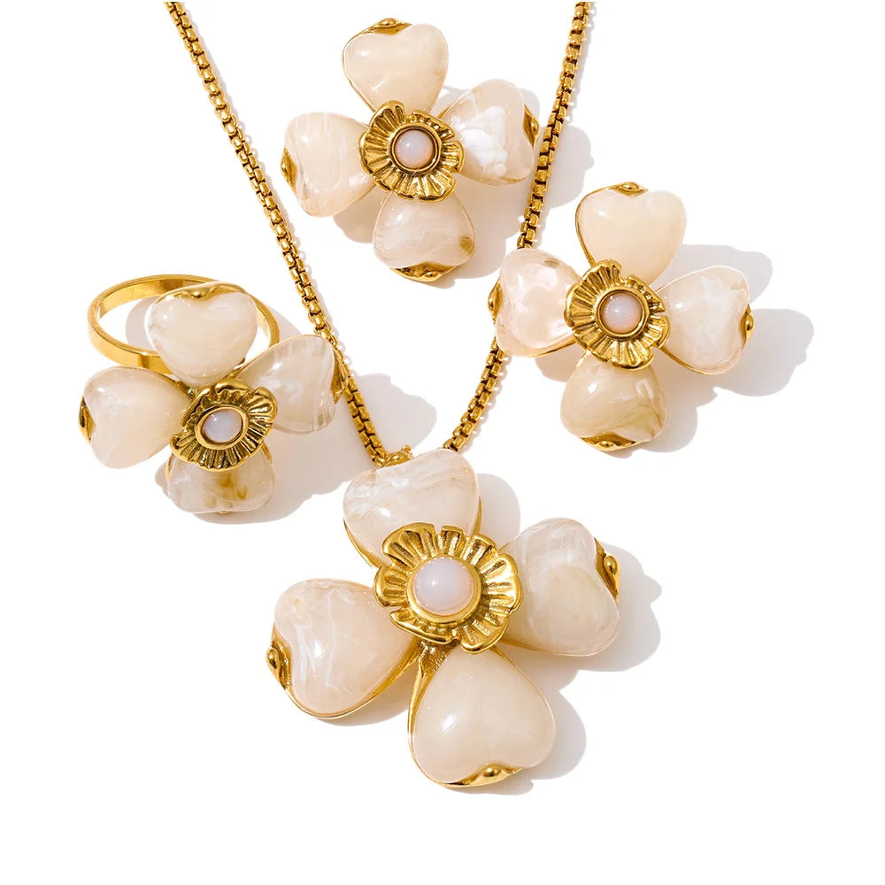 Yhpup Hot Style Acrylic Flower Pendant Necklace Earrings Ring Set for Women Stainless Steel Exquisite Jewelry Wholesale
