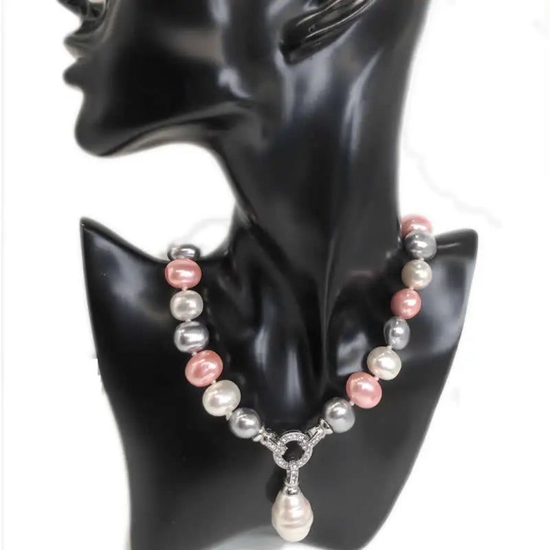 Luxury Style Cultured 12-15m White Potato Freshwater Pearl Necklace Cz Pave Shell Pearl Pendant Wedding