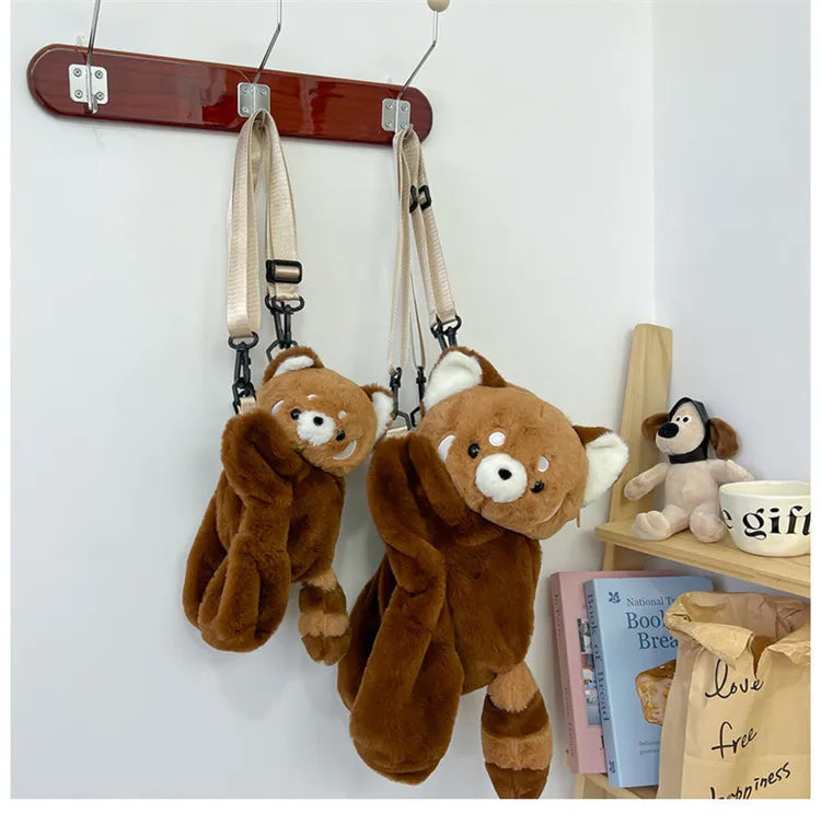 Red Panda Plush Backpack Cute Plushie Doll Women Crossbody Fur Soft Shoulder Bag for Camping Travel Party Female Birthday Gift