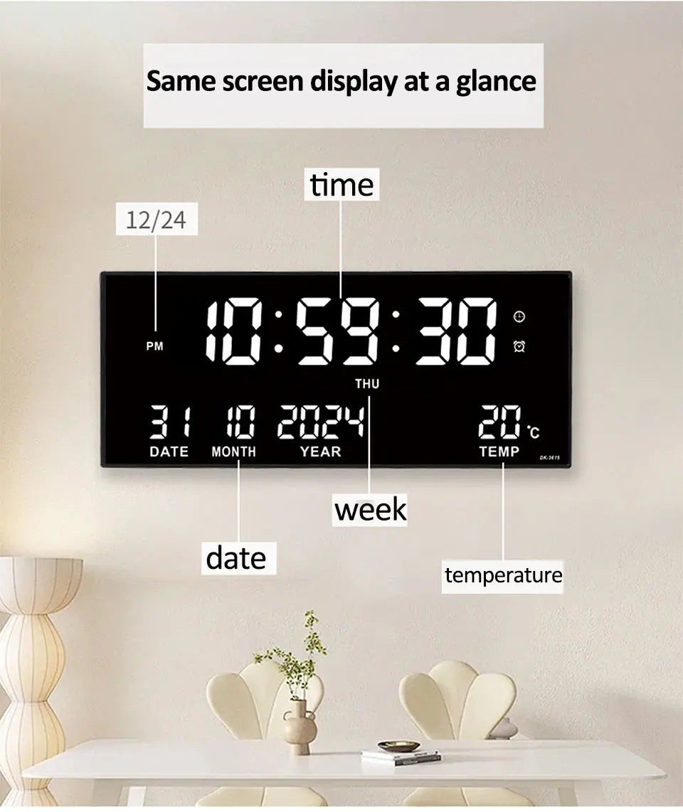 Digital Large Wall Clock Alarm Temperature Date Calendar Display 8 Sets of Alarm Clocks 14'' Electronic LED Clock Plug in Use