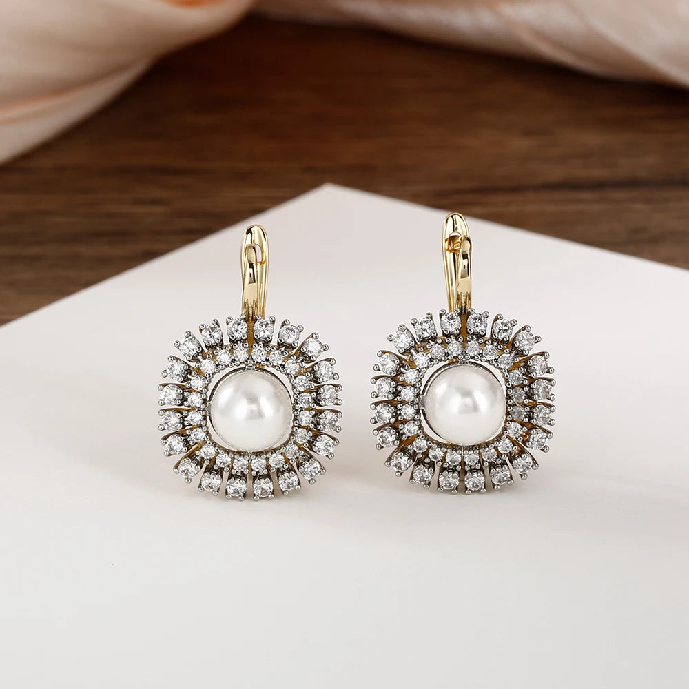 Women's Luxury Inlaid Zirconia Vintage Pearl Earrings Ring Set Copper Plated 14K Gold Fashion Jewelry Wedding Party Gift