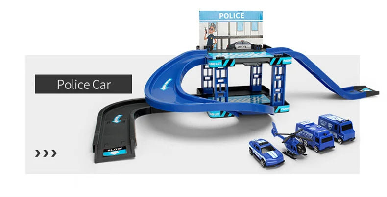 Track Parking Lot Toys Multi-Storey Rail Car Parking Building Fire Police Engineering Vehicle Car Children's Toys