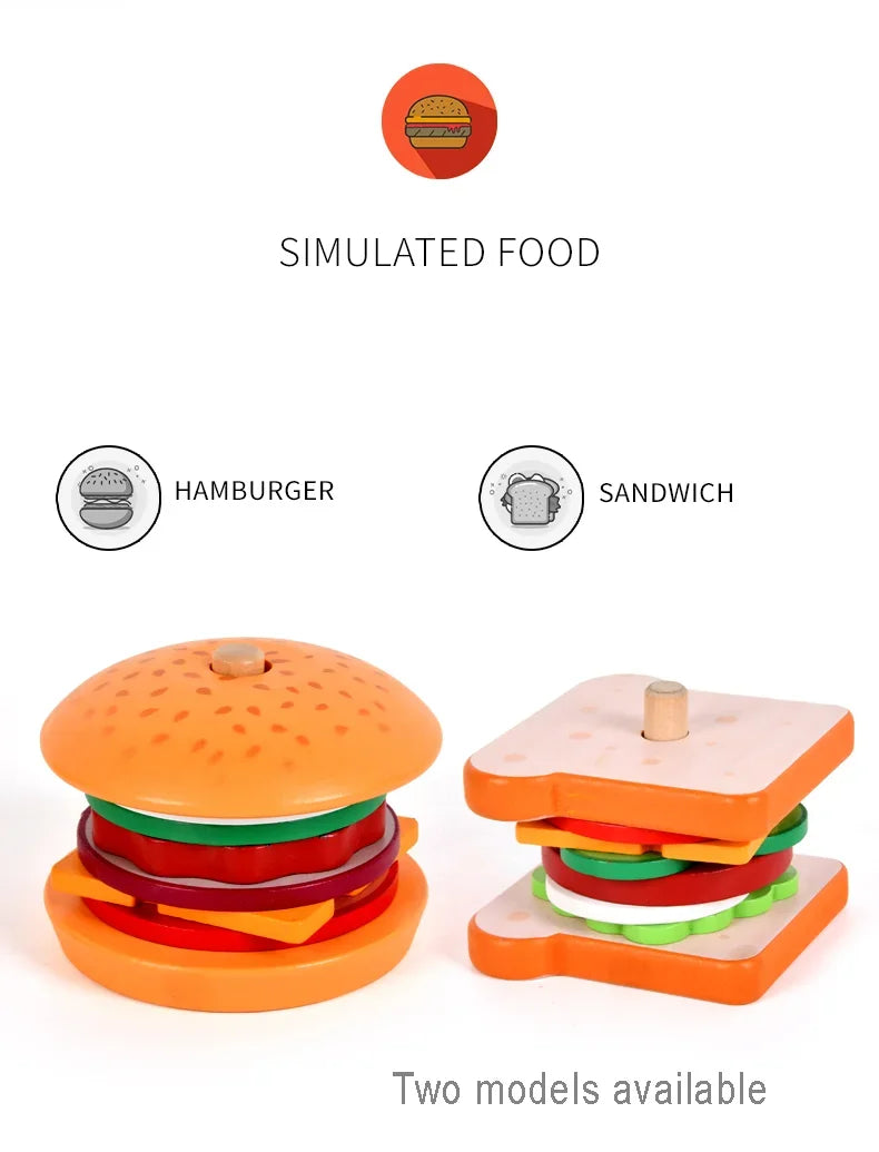 Children Pretend Play Kitchen Wooden  Toys Hamburger Sandwich Simulation Food Matching Games Montessori Educational Stacking Toy