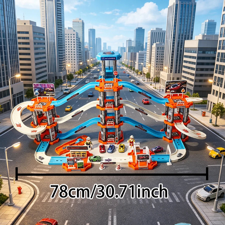 Children's large four story parking lot toy set, multi-layer urban rail toys, boys' cars, suitable for boys' birthday gifts