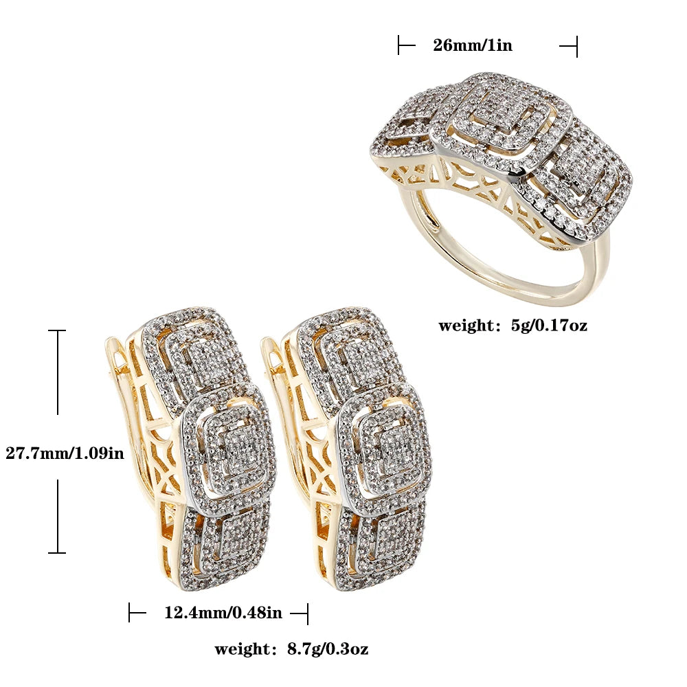 Square inlaid zircon large earrings and ring set copper-plated 14K gold ladies elegant fashion jewelry three-piece set