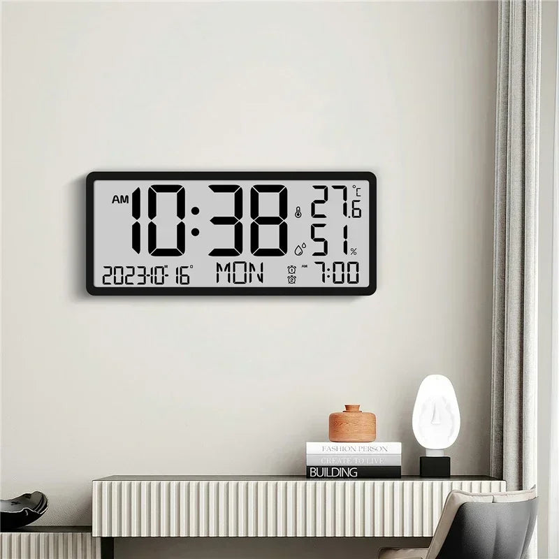 Battery Powered Large Screen LCD Digital Desktop Clock Temperature Humidity Electronic Clock Date Week Time Mute Wall Clock