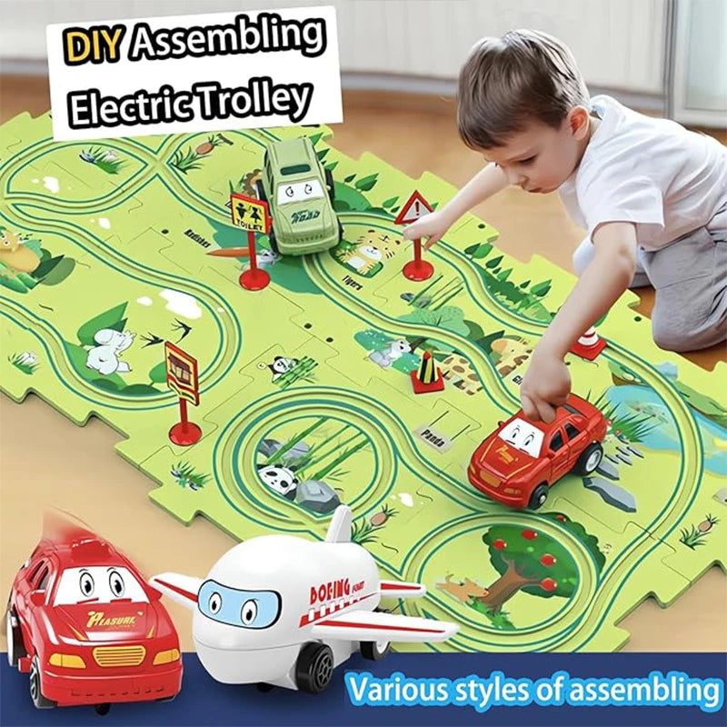 Children Puzzle Electric Railroad Car Set DIY Assembly Track Kit Automatic Rail Education Interactive Toy Children Boys Gift