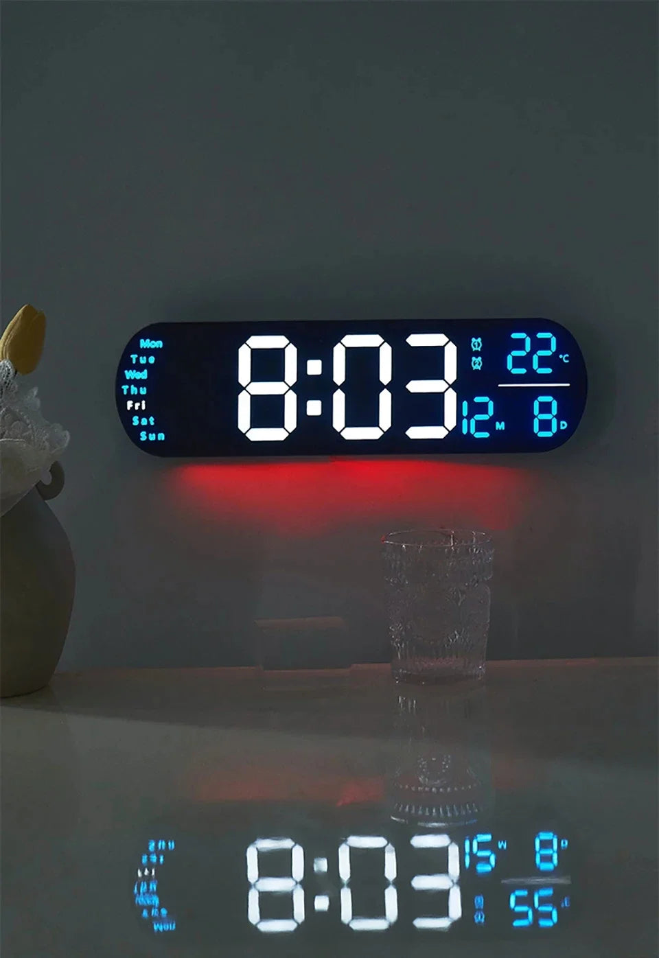 LED Digital Wall Clock With Remote Control Ambient Lights Time Date Temperature Display Alarm Clocks For Home Living Room Decor