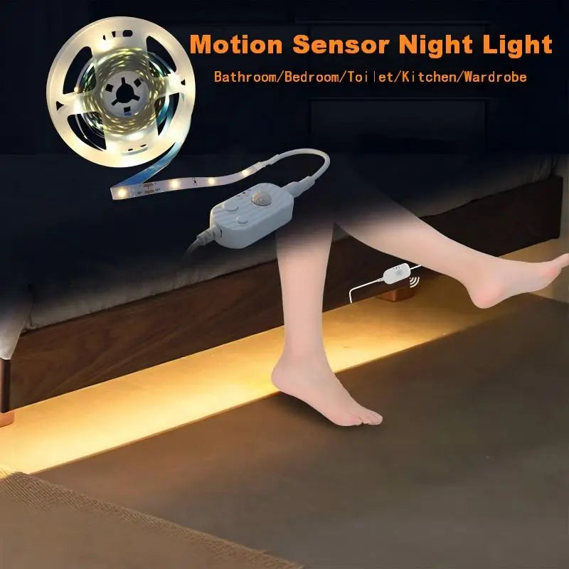 Suspended bed sensor LED light strip, low voltage 5V, USB powered, 1m to 20m, can be cut to any length, with a human body sensor switch that turns on when someone approaches. Night mode/day mode/constant light mode, su