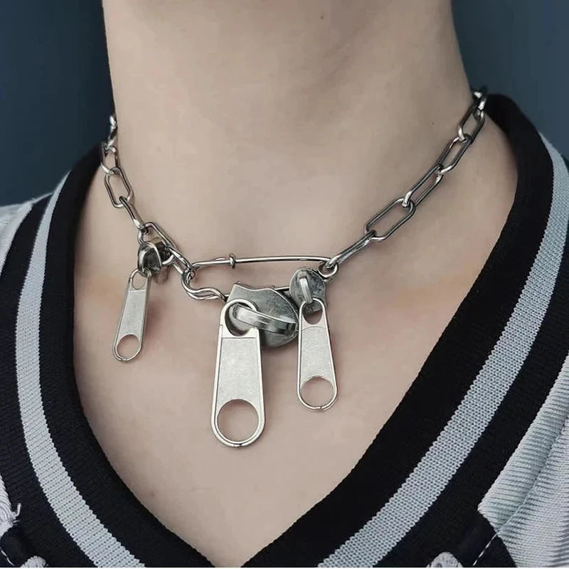 Cyber Punk Zipper Necklace Fringe Chain Head Y2k Hip Hop Choker Men's Women's Fashion Personality Jewelry Accessories