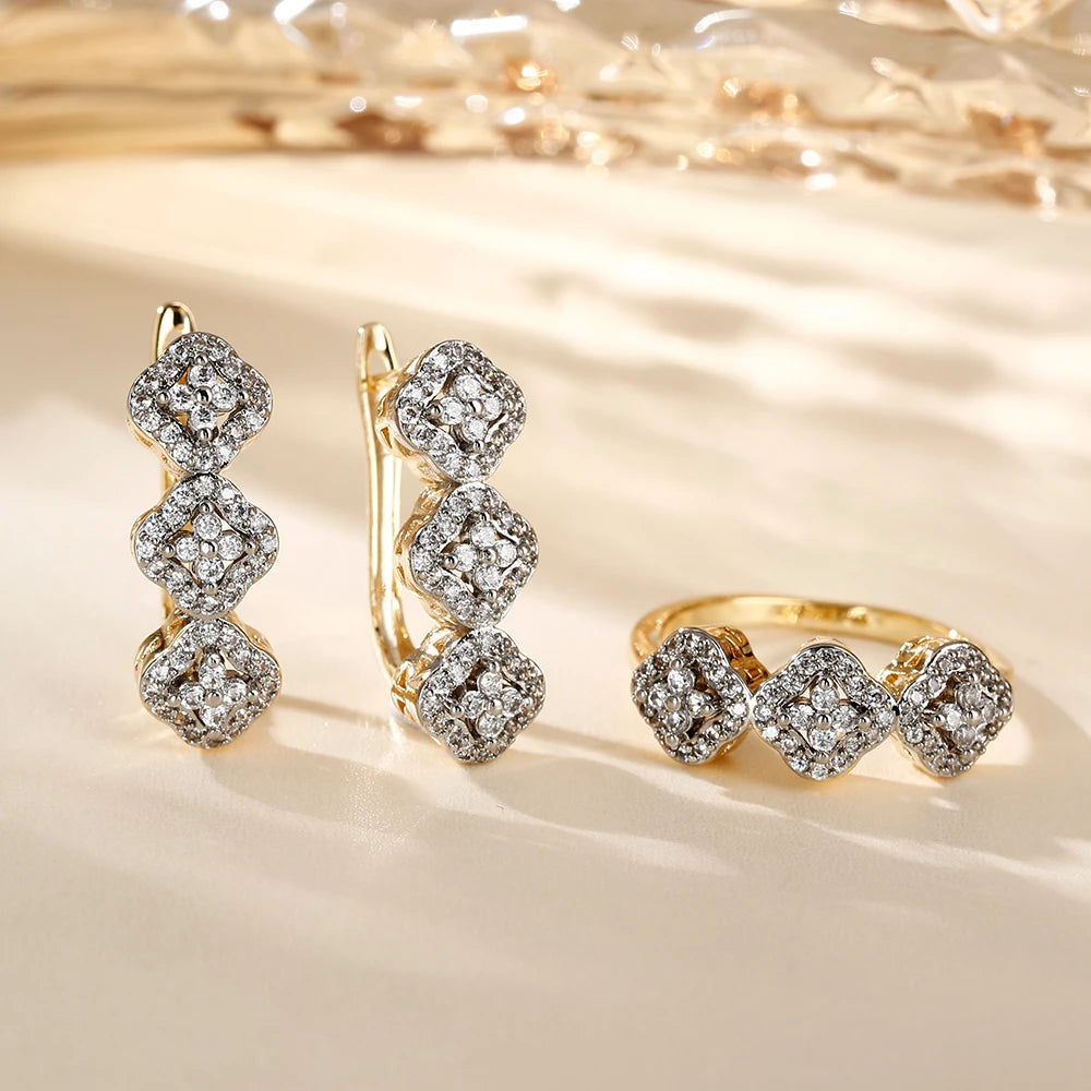 Leaf-shaped inlaid zircon earrings ring three-piece set copper plated 14K gold fashion luxury jewelry party set accessories