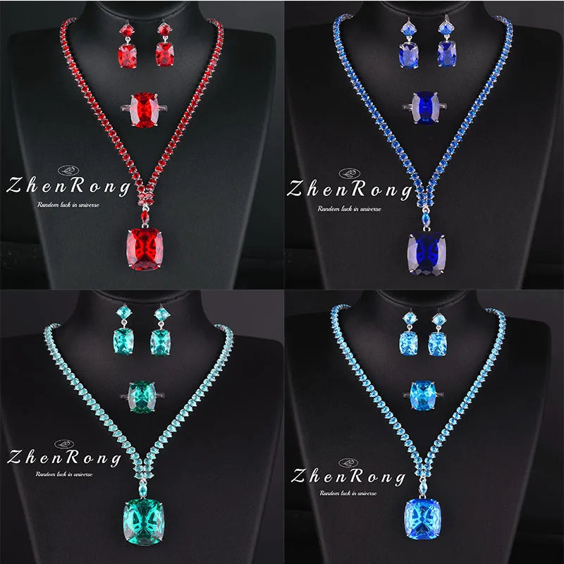 Foydjew Luxury 20 Carat Yellow/Red/Blue/Green Color Large Gemstone Jewelry Sets Pendant Necklaces Earrings Rings For Women