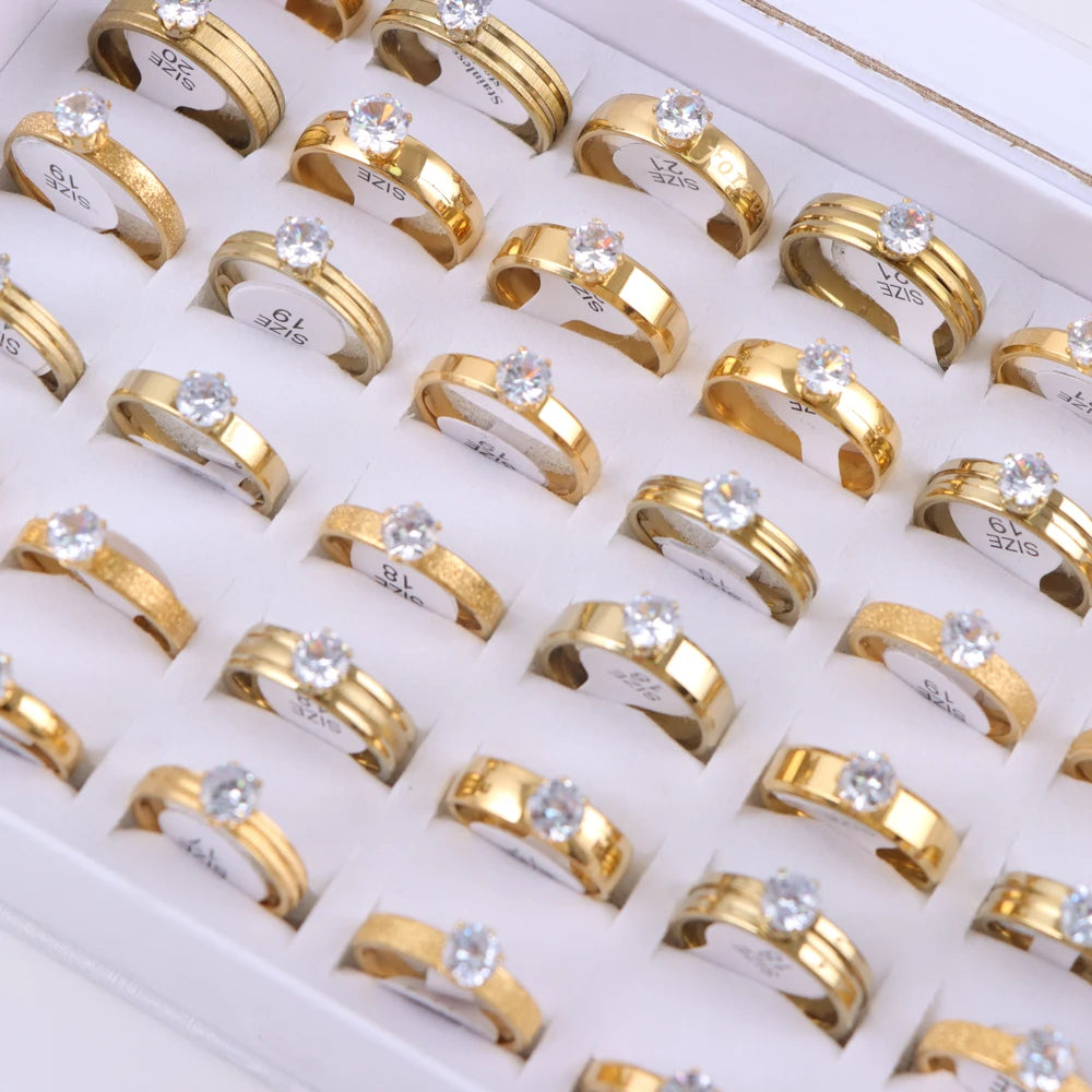 10/20/30/50Pcs/Lot Fashion Elegant Inlaid Stainless Steel Ring With Rhinestone High-end Women's Proposal Engagement Jewelry Gift