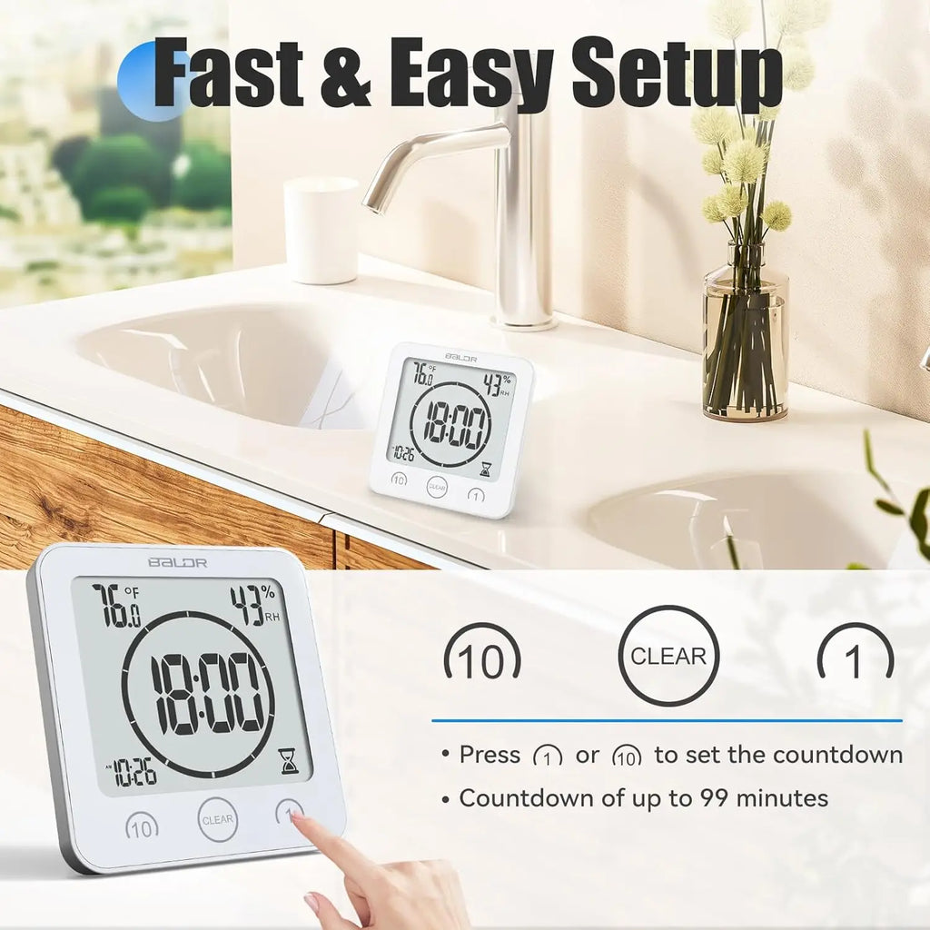 Waterproof Bathroom Wall Clock Digital Shower Clock Timer with Touch Screen, Temperature, Hanging Hole Stand for Kids & Adults
