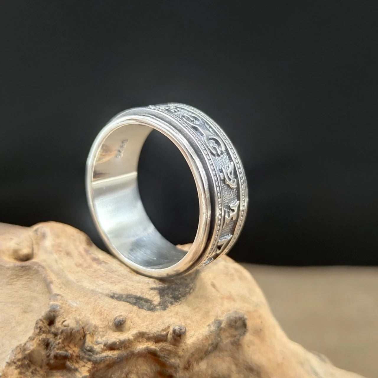 S925 Sterling Silver Ring Men Women Retro Buddhist Six-Character Great Mantra Ring Male Female Amulet Jewelry Exquisite Gift