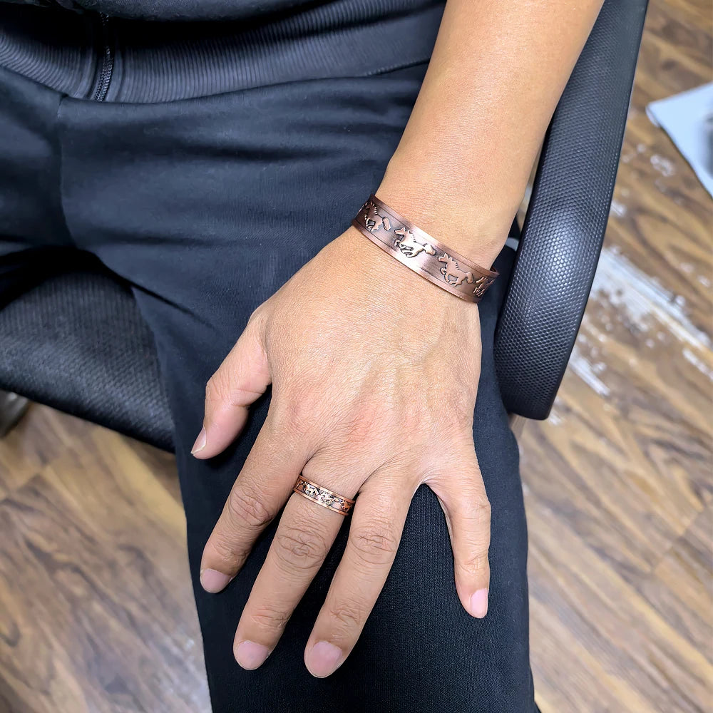Pure Copper Jewelry Set Magnetic Horse Bracelets Rings Health Energy Adjustable Men Vintage Jewelry-set Open Cuff Resizable