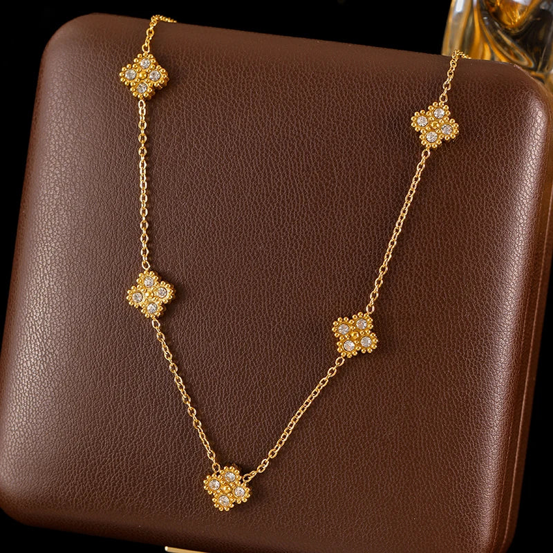 GANEMLY Stainless Steel  Sparkling White Zircon Flower Necklace Bracelet Earrings Set For Women Trendy Waterproof Jewelry Gift
