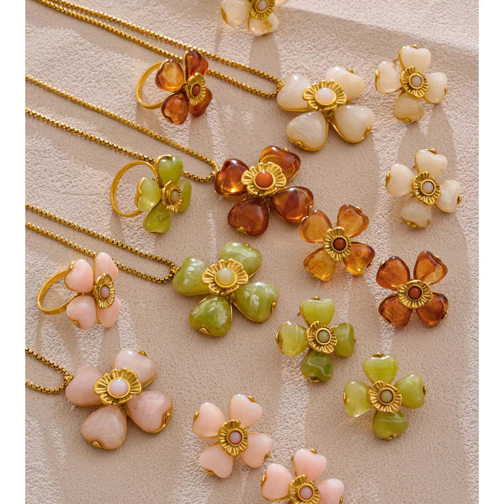 Yhpup Hot Style Acrylic Flower Pendant Necklace Earrings Ring Set for Women Stainless Steel Exquisite Jewelry Wholesale